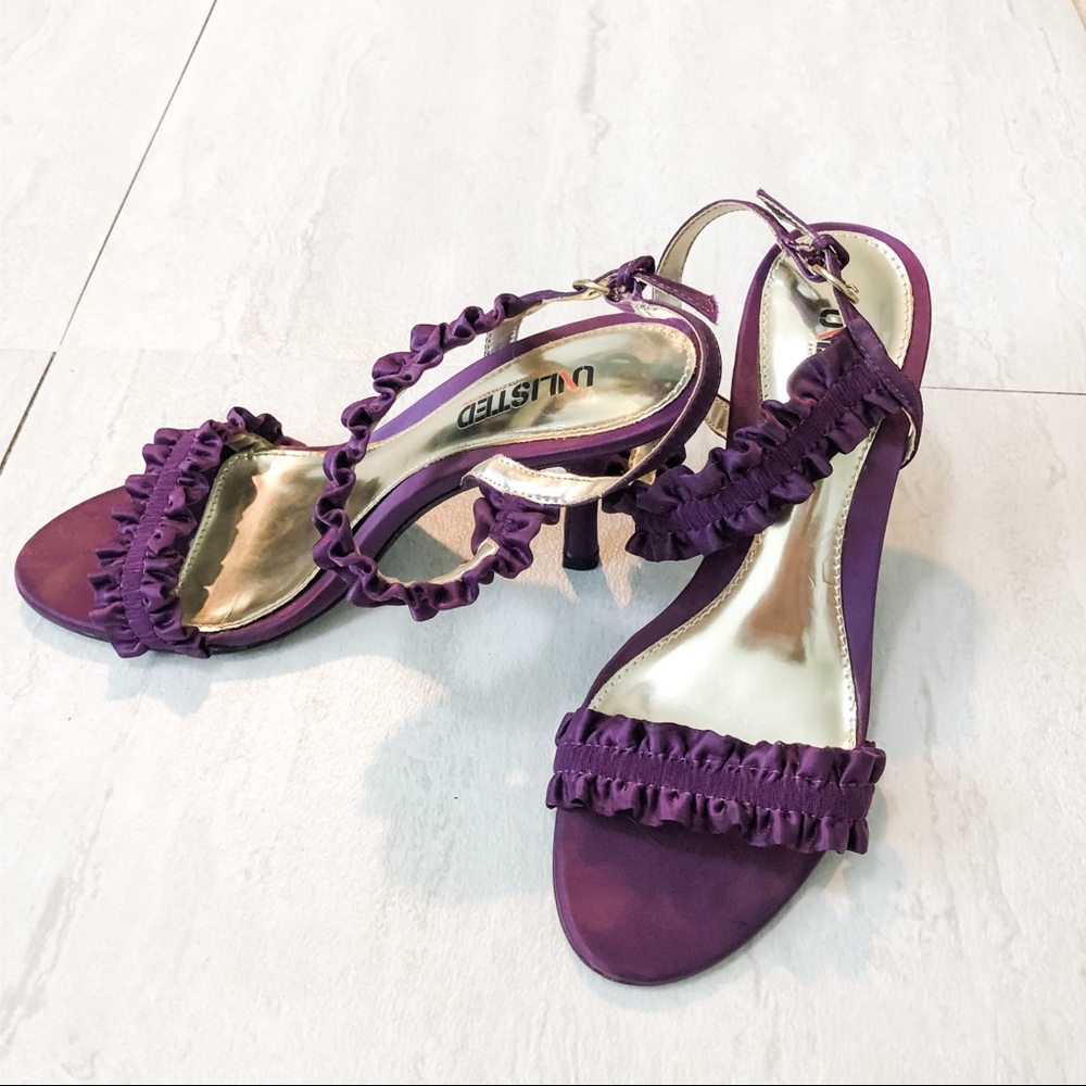 Purple satin strappy/lacy heels by unlisted